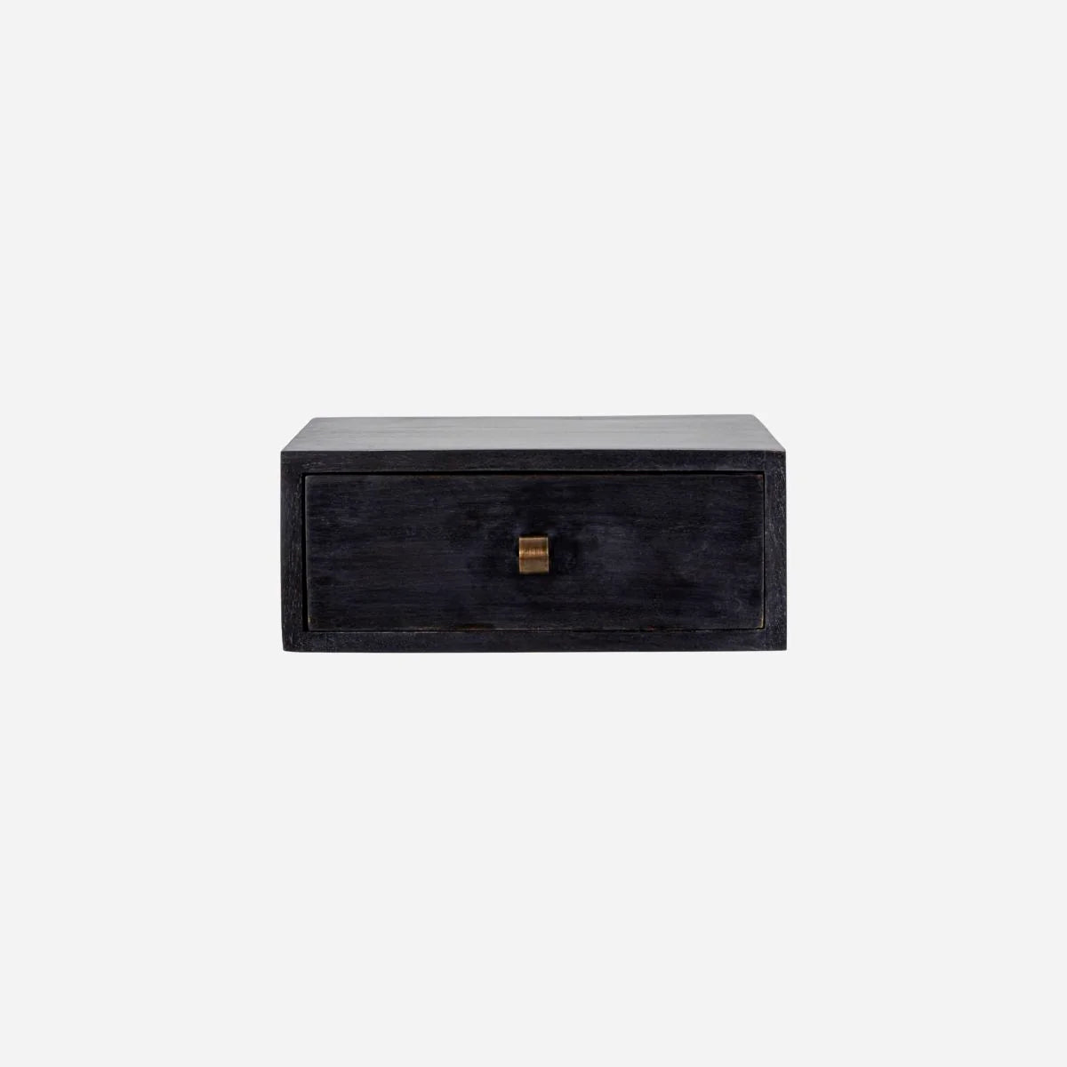 Black rectangular wall hung bedside drawer with a brass metal handle