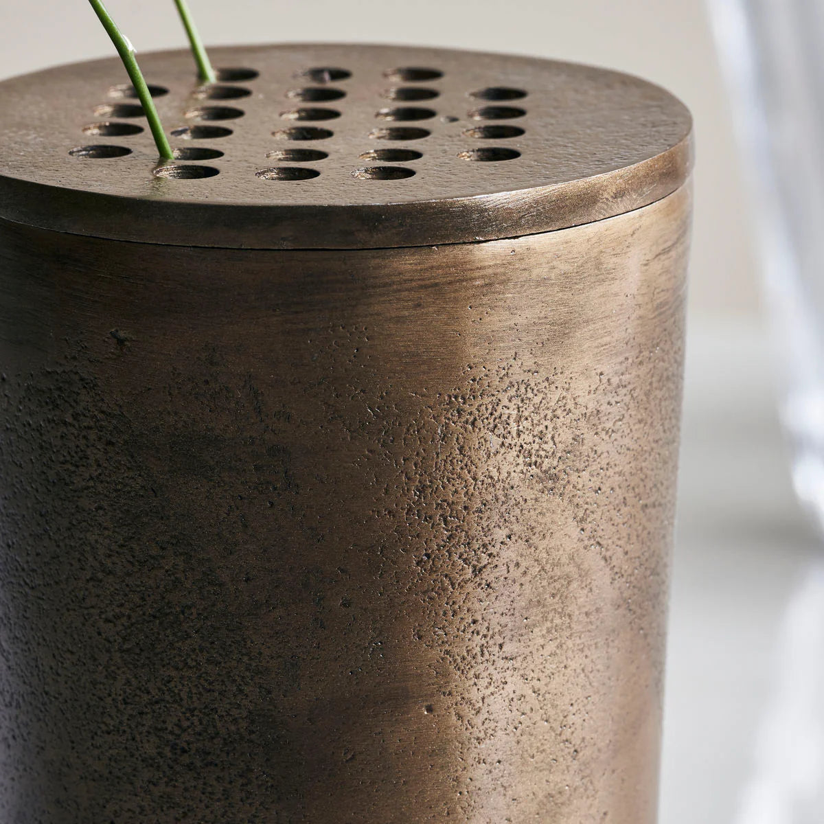 Bronze Brass metal cylinder vase with lid and small holes to insert individual stems 