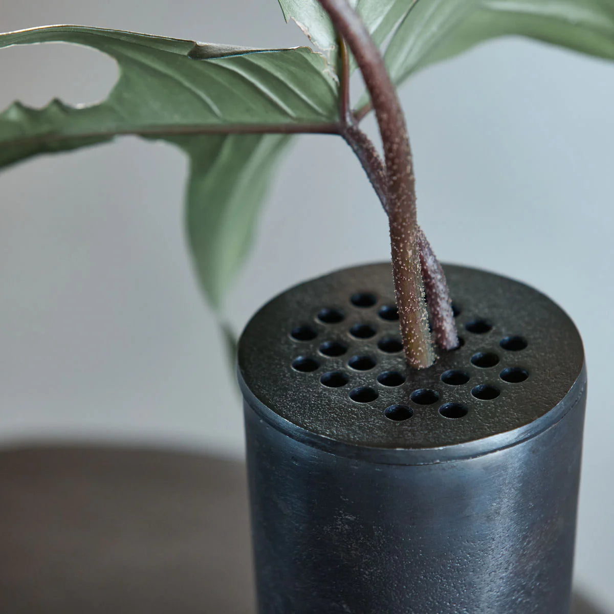 Black metal cylinder vase with lid and small holes to insert individual stems 
