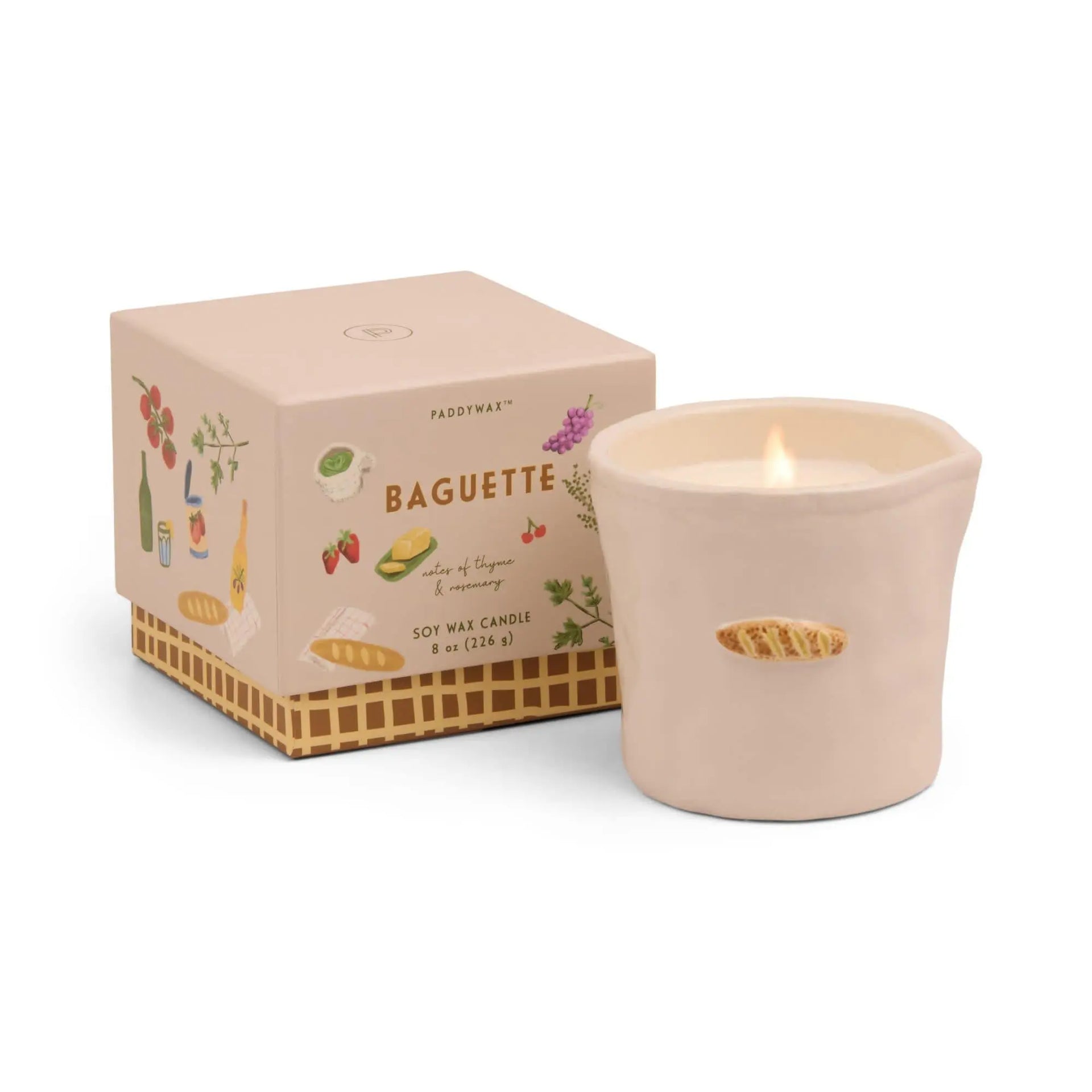 Candle with 'Baguette' packaging on a white background