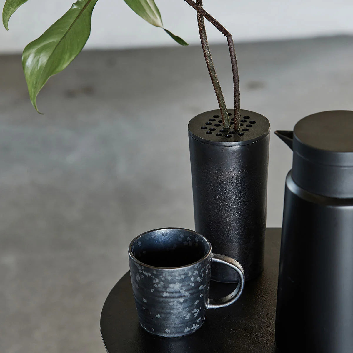 Bronze Brass metal cylinder vase with metal lid and holes for flower stems