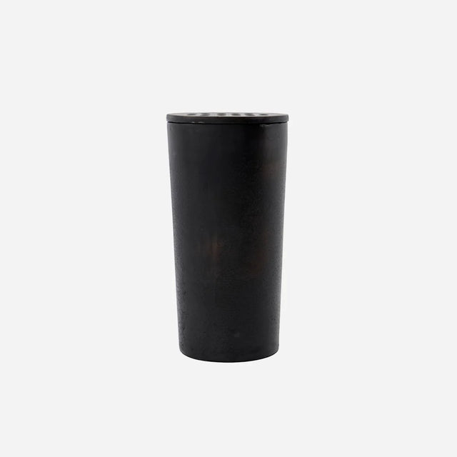 Black metal cylinder vase with lid and small holes to insert individual stems