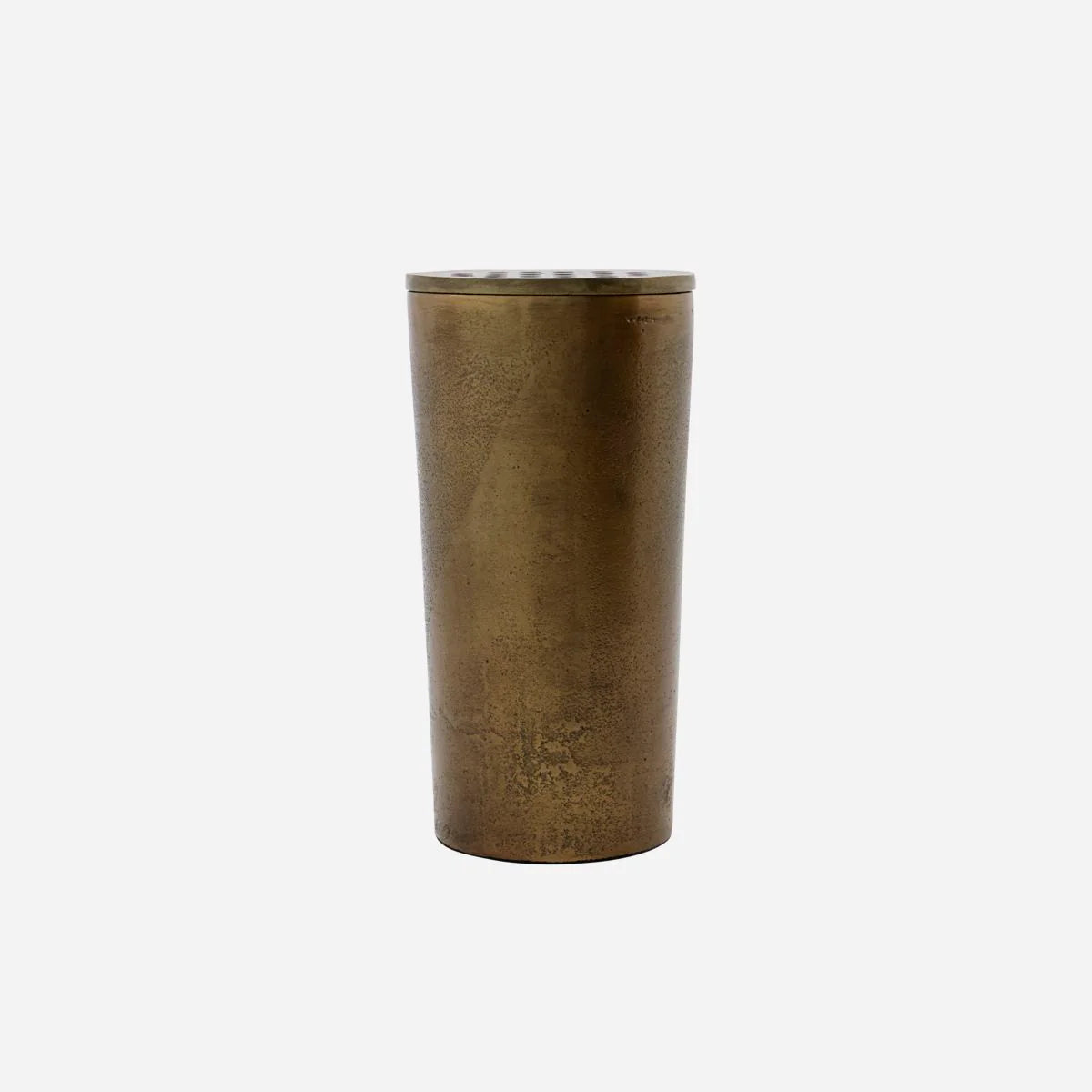 Bronze Brass metal cylinder vase with lid and small holes to insert individual stems 
