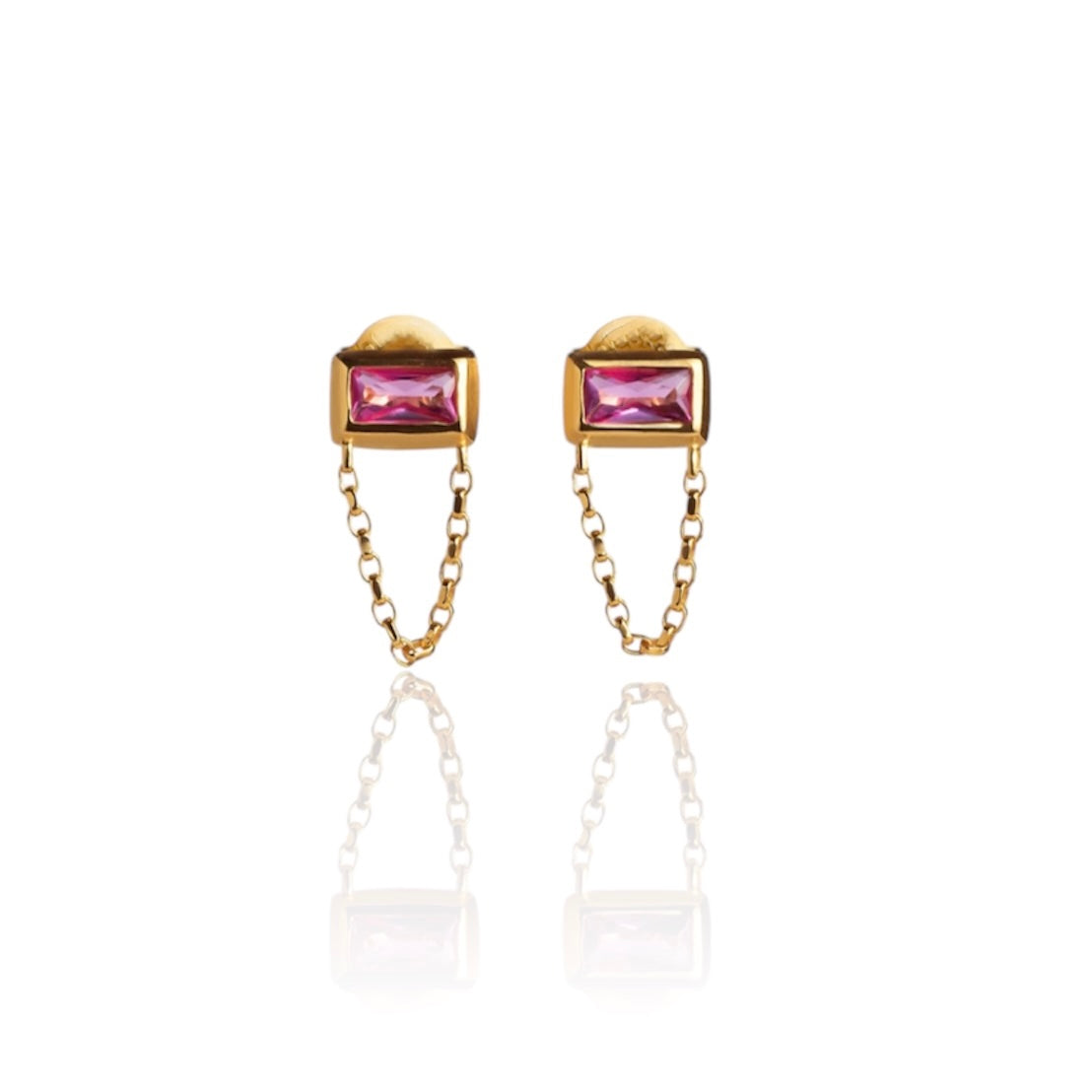 A pair of gold-colored baguette cut chain stud earrings with a sparkling pink tourmaline centerpiece.