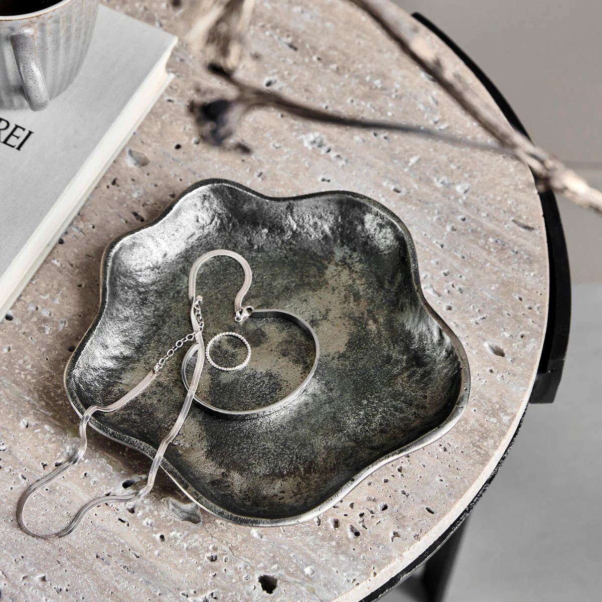 Antique silver thick metal trinket tray 